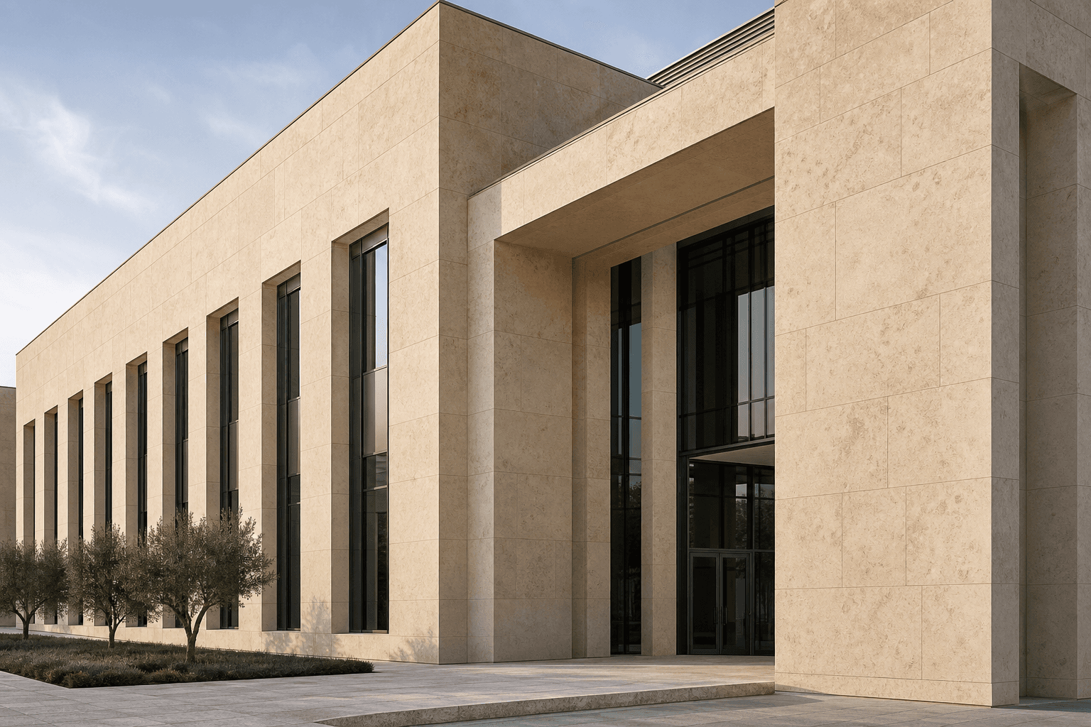 Contemporary building clad in warm natural stone
