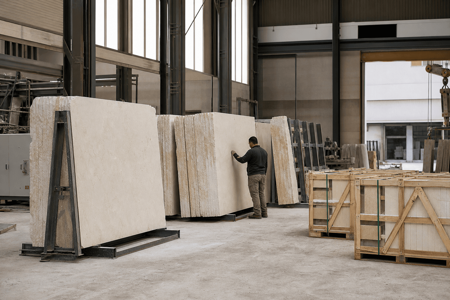 Natural stone slabs undergoing visual inspection within a production partner facility